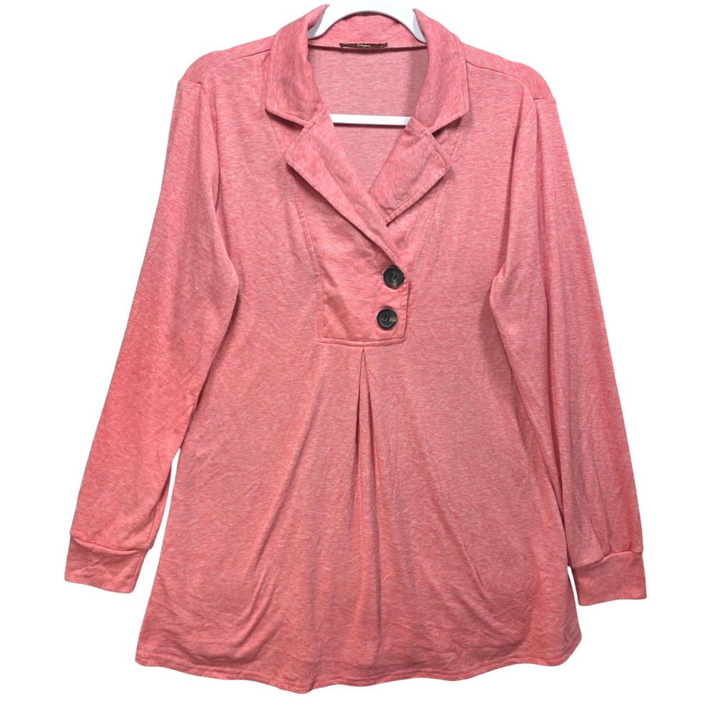 Gaharu Tunic Top Womens Medium Heather Pink Long Sleeve Pleated Notched Collar